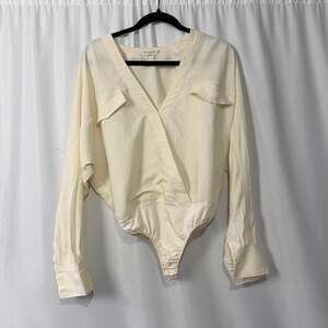 Good American Womens Utility Wrap Thong Bodysuit Sz 3 Ivory Cream V Neck